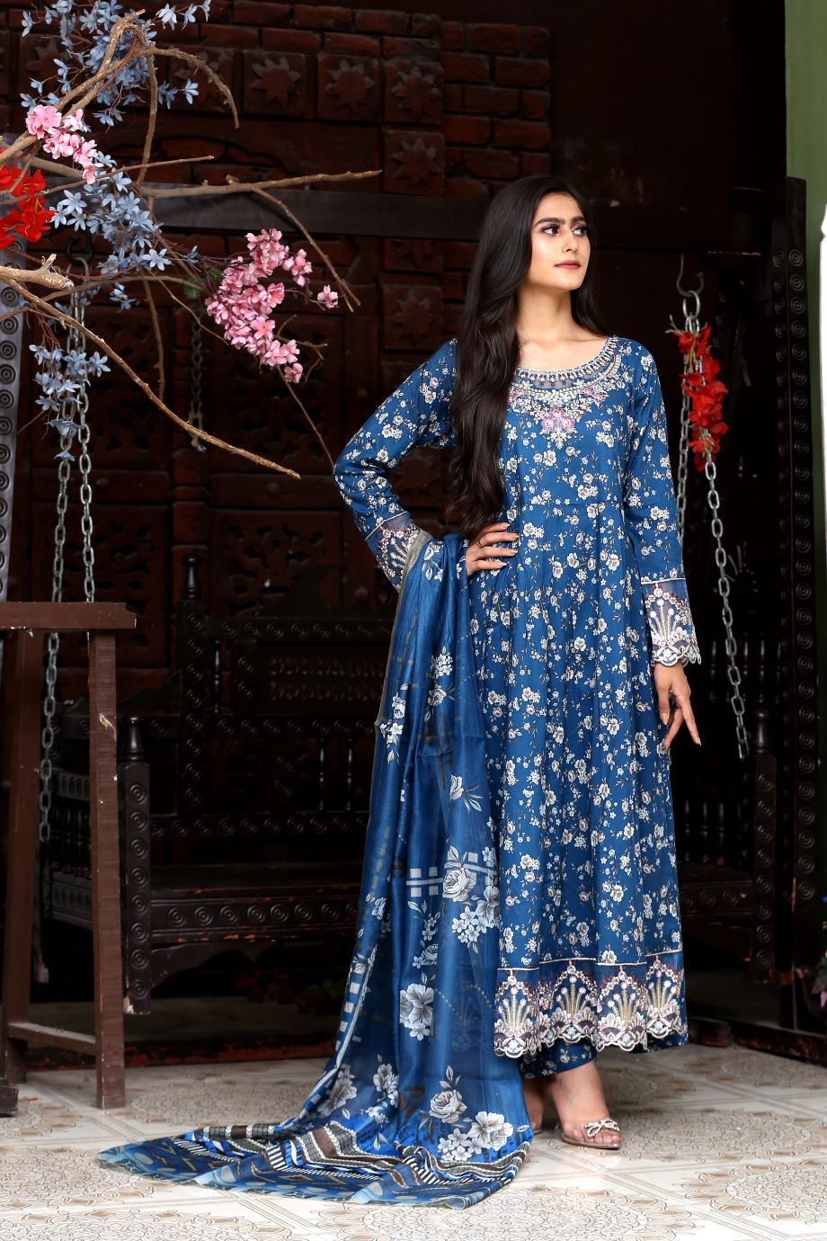 Best Selling -3Pc Embroidered and Printed Long Maxi