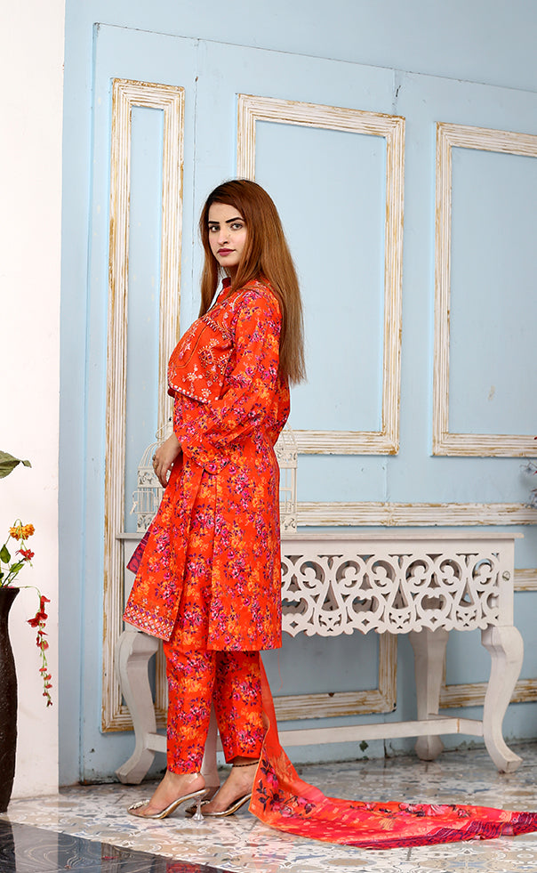 Best Selling -3Pc Embroidered and Printed Dress
