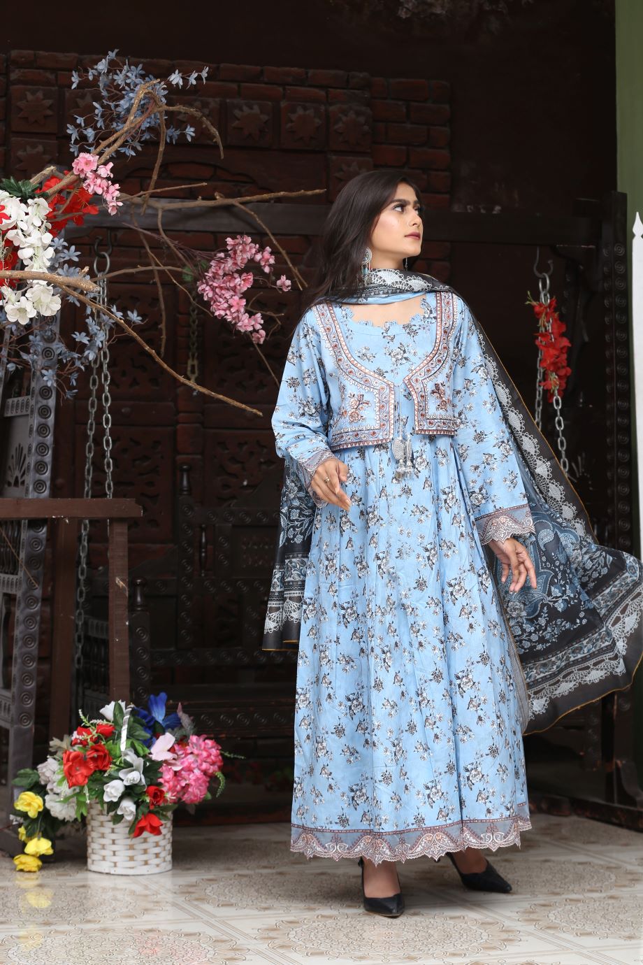 Best Selling -3Pc Embroidered and Printed Long Maxi