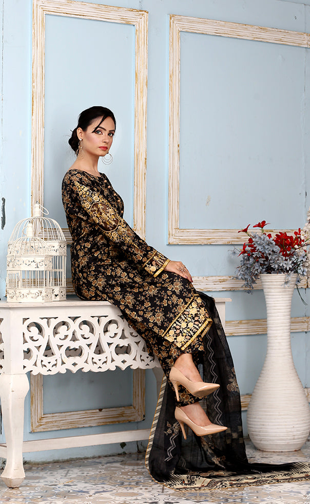 Best Selling -3Pc Embroidered and Printed Dress