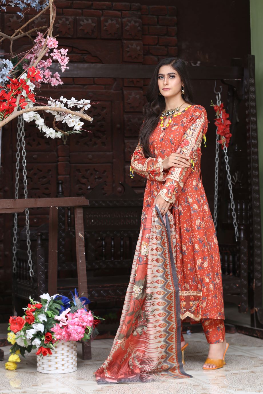Best Selling -3Pc Embroidered and Printed Long Maxi