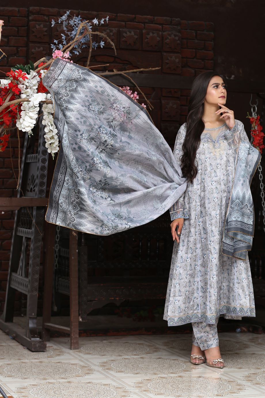 Best Selling -3Pc Embroidered and Printed Long Maxi