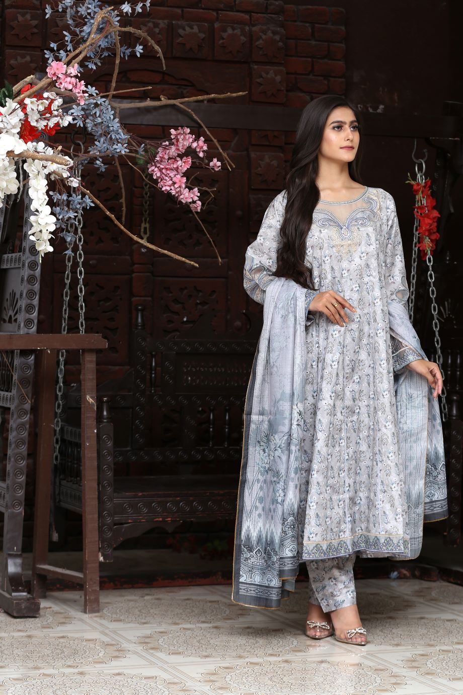 Best Selling -3Pc Embroidered and Printed Long Maxi