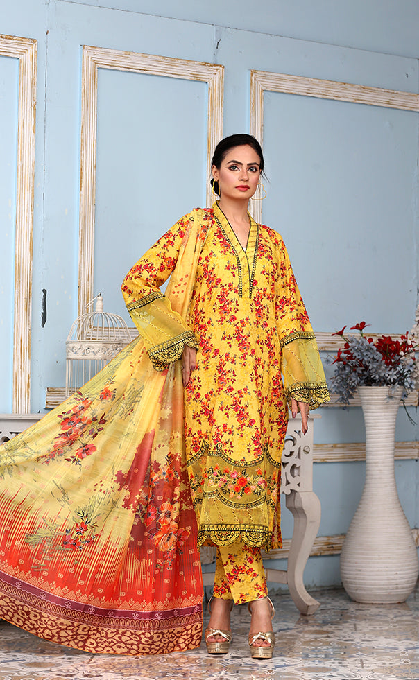 Best Selling -3Pc Embroidered and Printed Dress