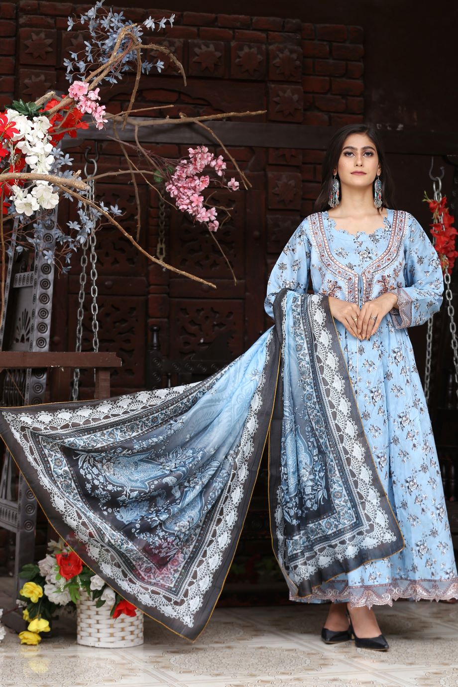 Best Selling -3Pc Embroidered and Printed Long Maxi