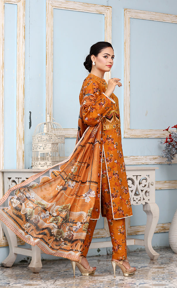 Best Selling -3Pc Embroidered and Printed Dress