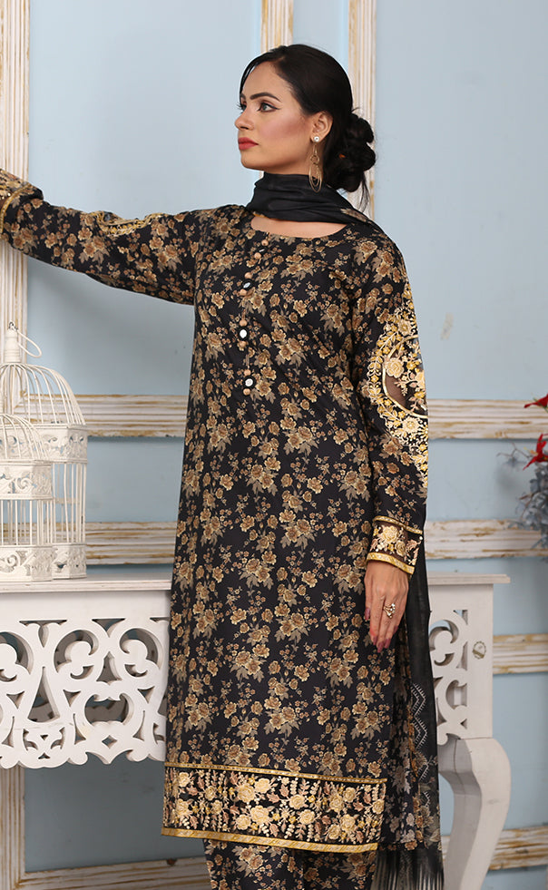 Best Selling -3Pc Embroidered and Printed Dress