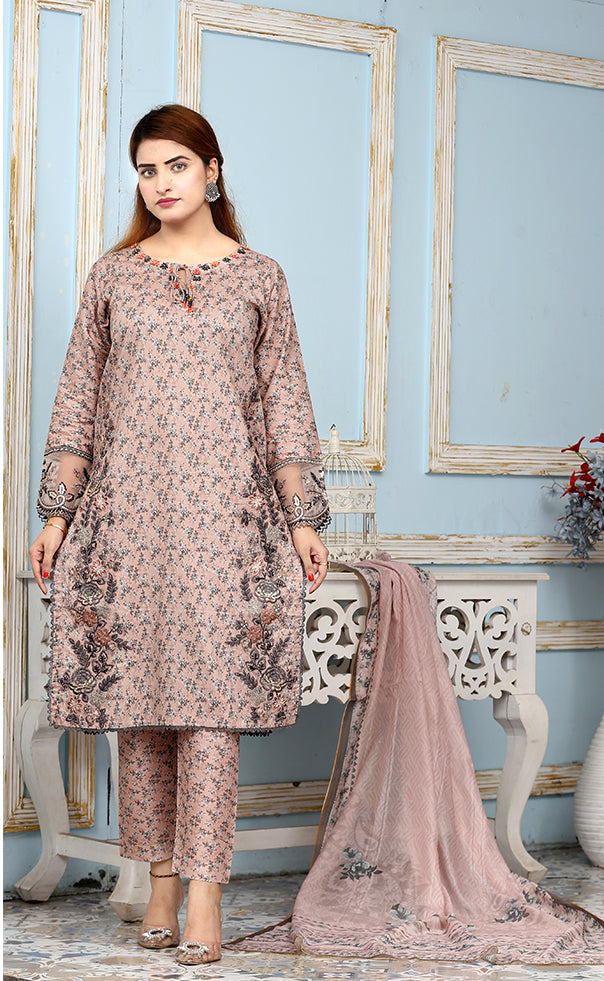 Best Selling -3Pc Embroidered and Printed Dress