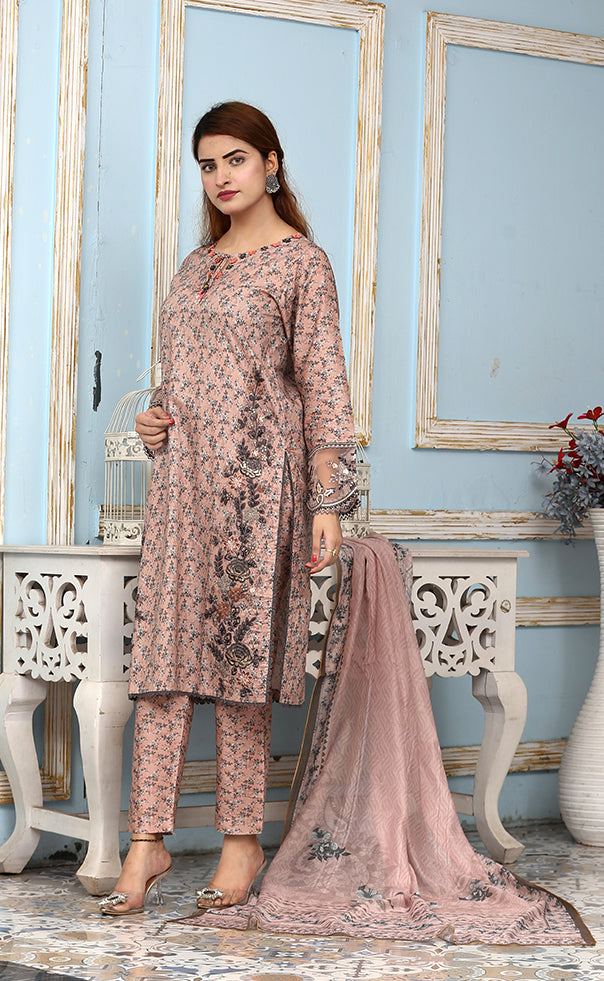Best Selling -3Pc Embroidered and Printed Dress