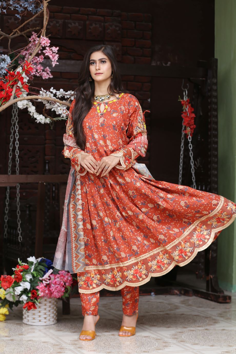 Best Selling -3Pc Embroidered and Printed Long Maxi