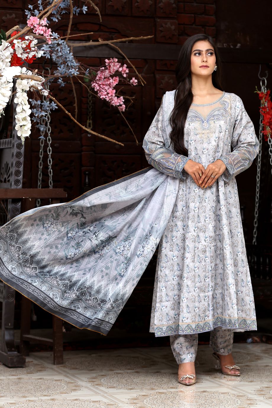 Best Selling -3Pc Embroidered and Printed Long Maxi