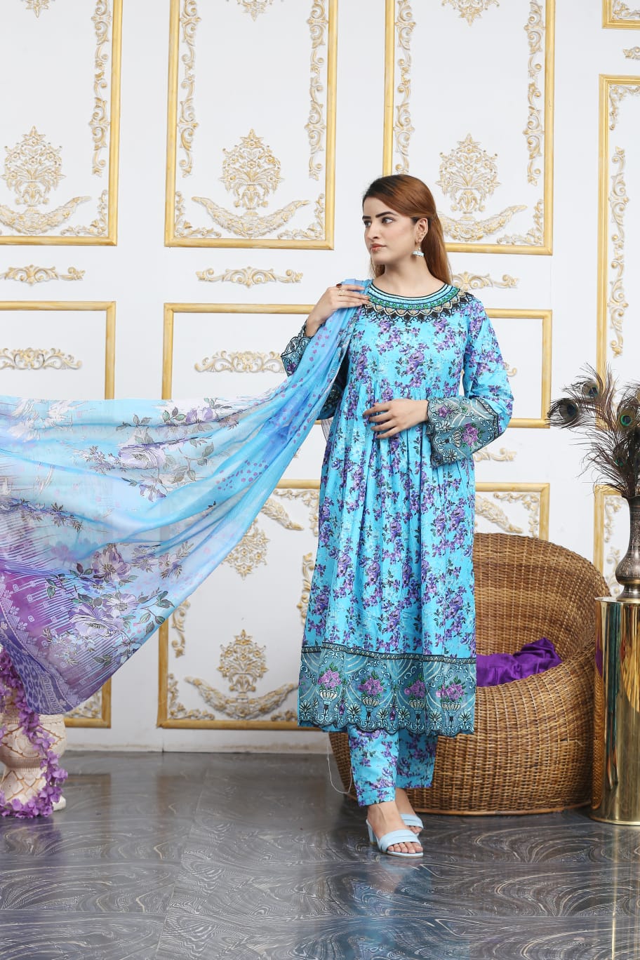 3 Pc Cambric Digital Print Maxi